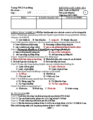 Đề kiểm tra giữa học kì I môn Lịch sử + Địa lý 6 sách Chân trời sáng tạo - Năm học 2021-2022 - Trường THCS Kim Đồng (Có đáp án)